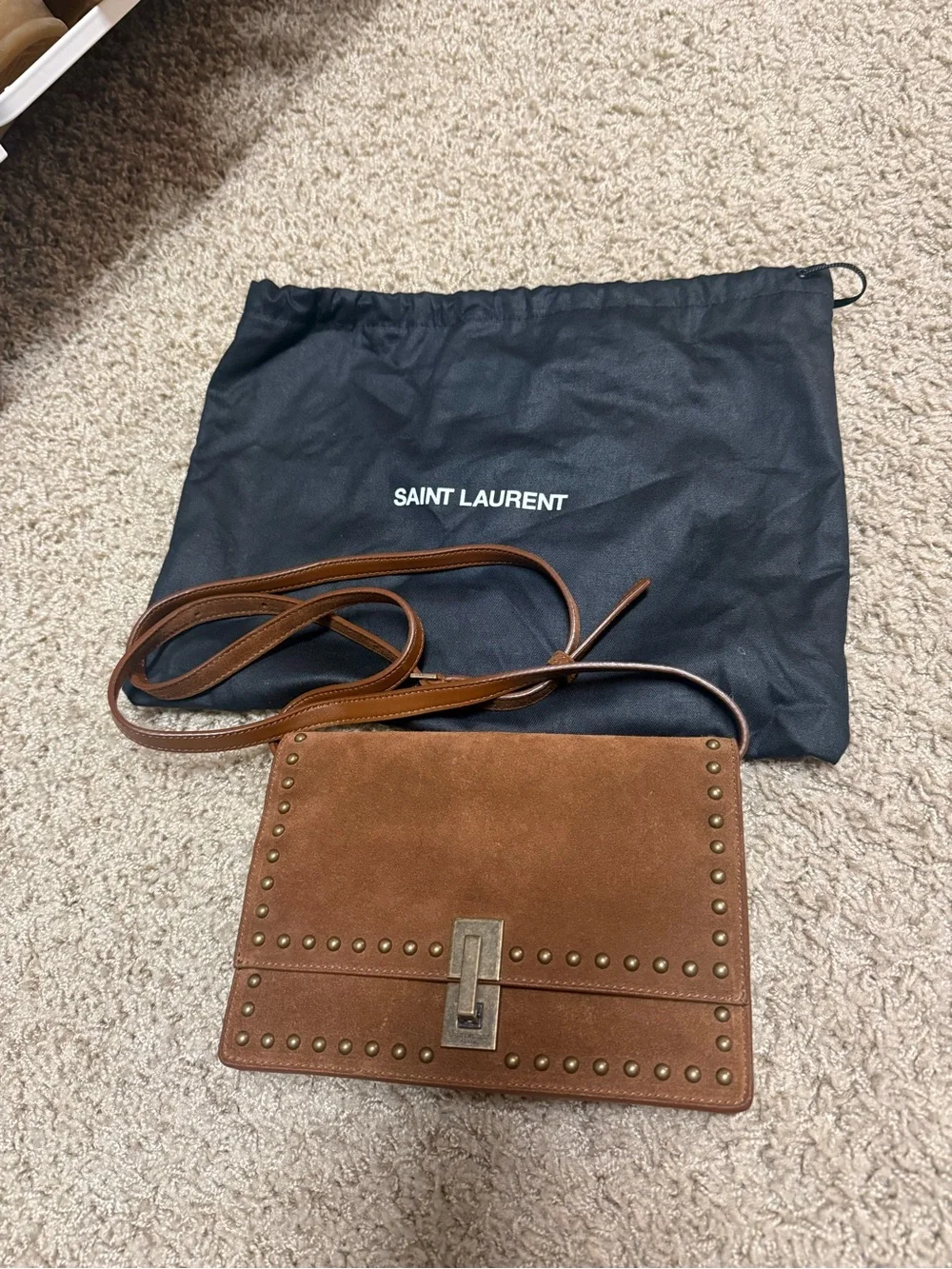 Saint Laurent Brown Suede Studded Crossbody Bag with Brass Hardware